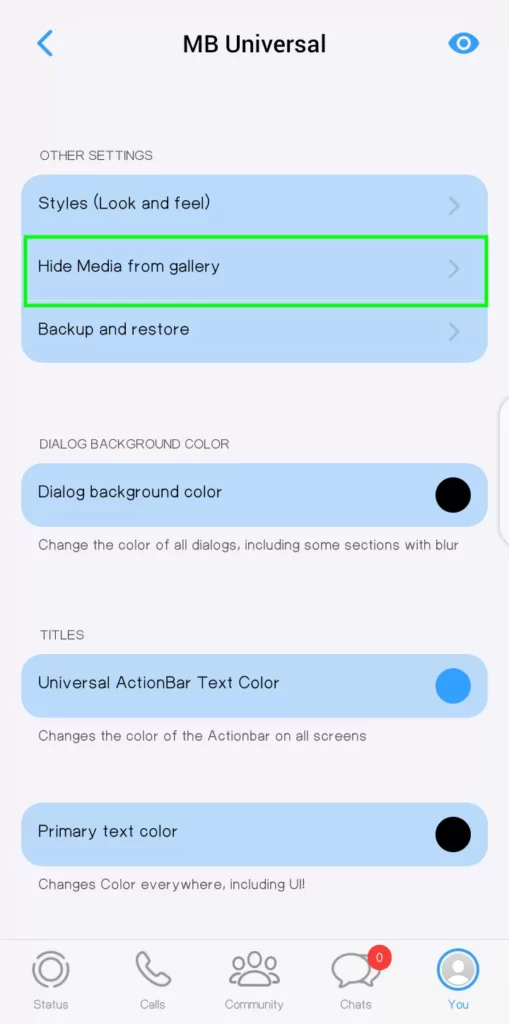 steps to hide media from gallery in MB whatsapp